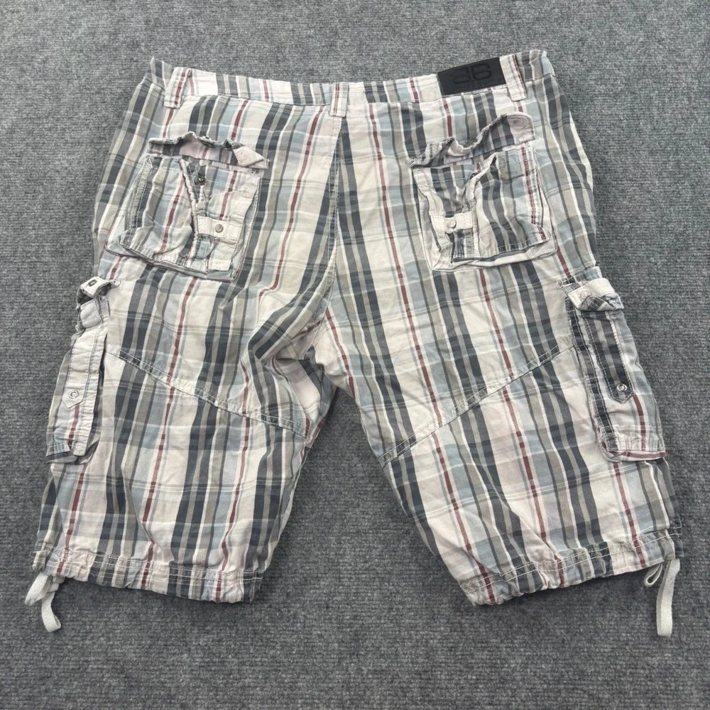 Benjamin Black Cargo Shorts 36 Gray Plaid Multi-Pocket Utility Mens‎